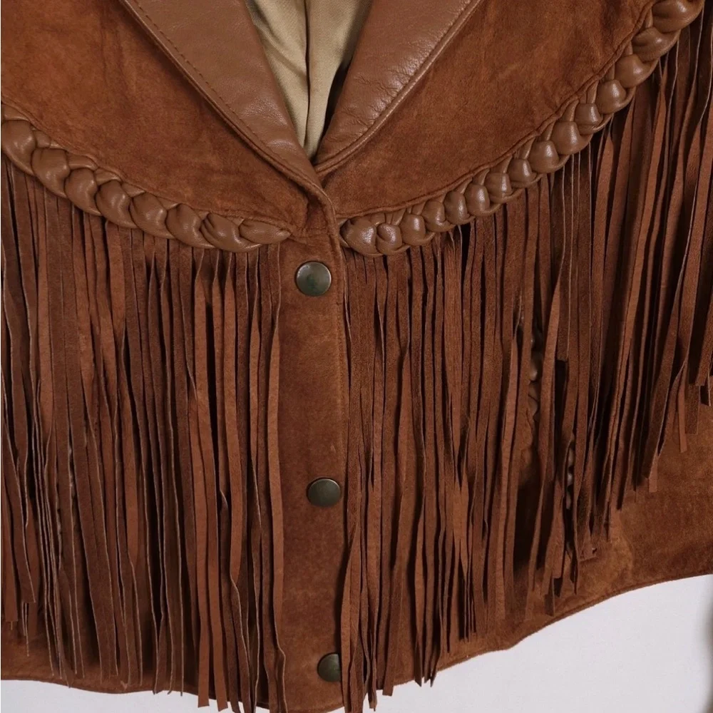Vintage Diamond Leathers Size Large Brown Genuine Leather Fringe Snap-Up Jacket - Picture 2 of 9